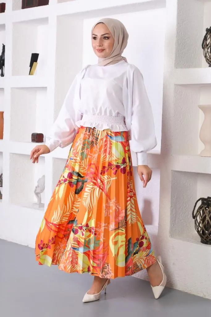 Orange Patterned Hijab Pleated Skirt-detail
