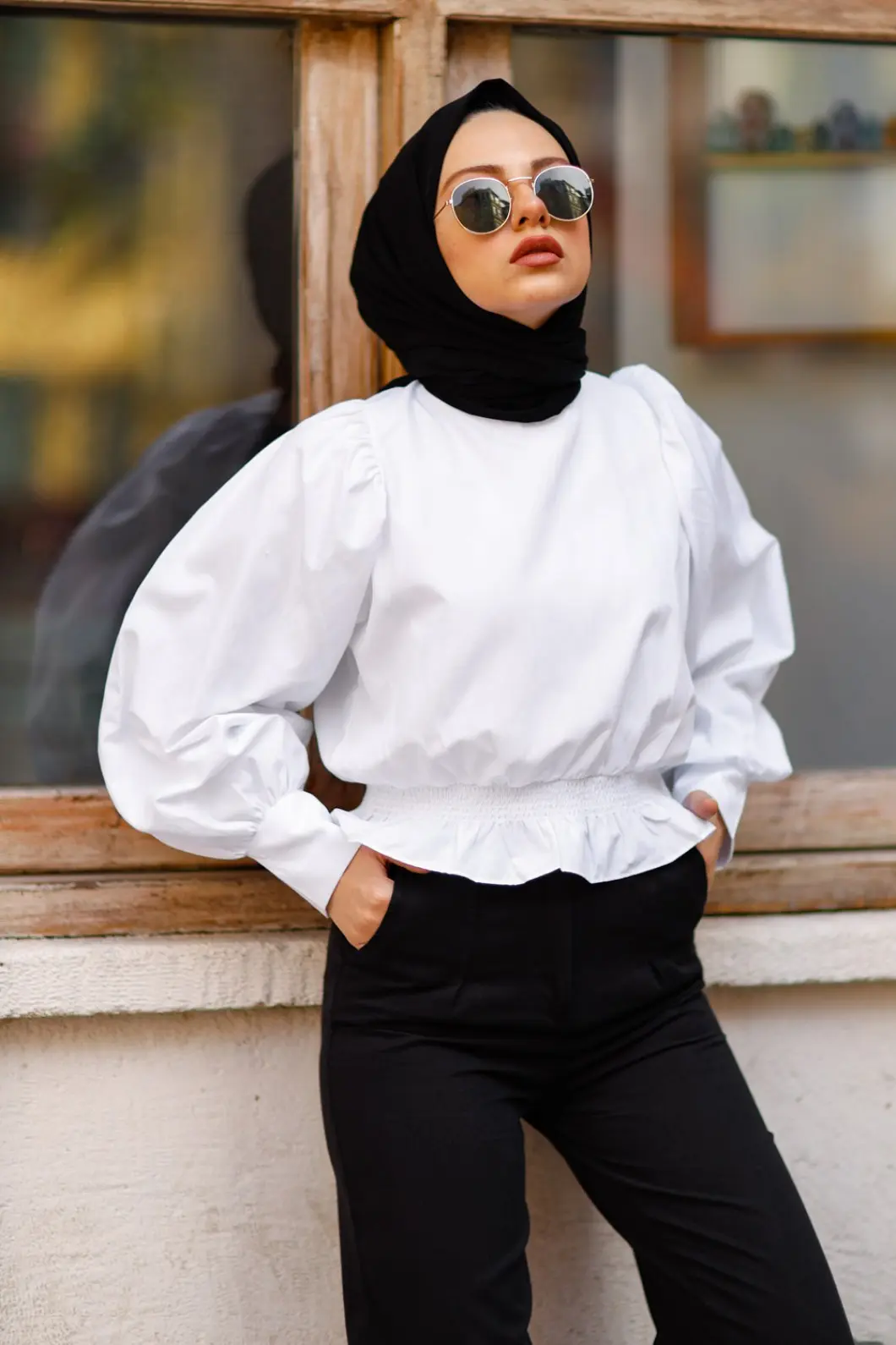 4534 Balon Kol Gömlek Beyaz-detail