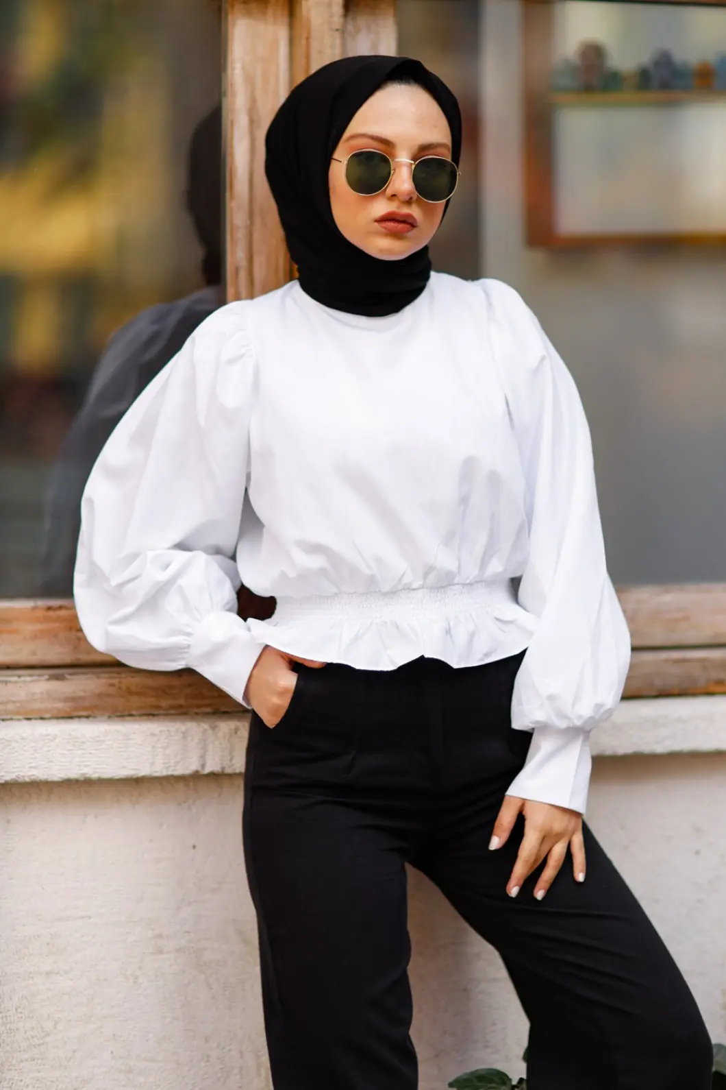 4534 Balon Kol Gömlek Beyaz-detail