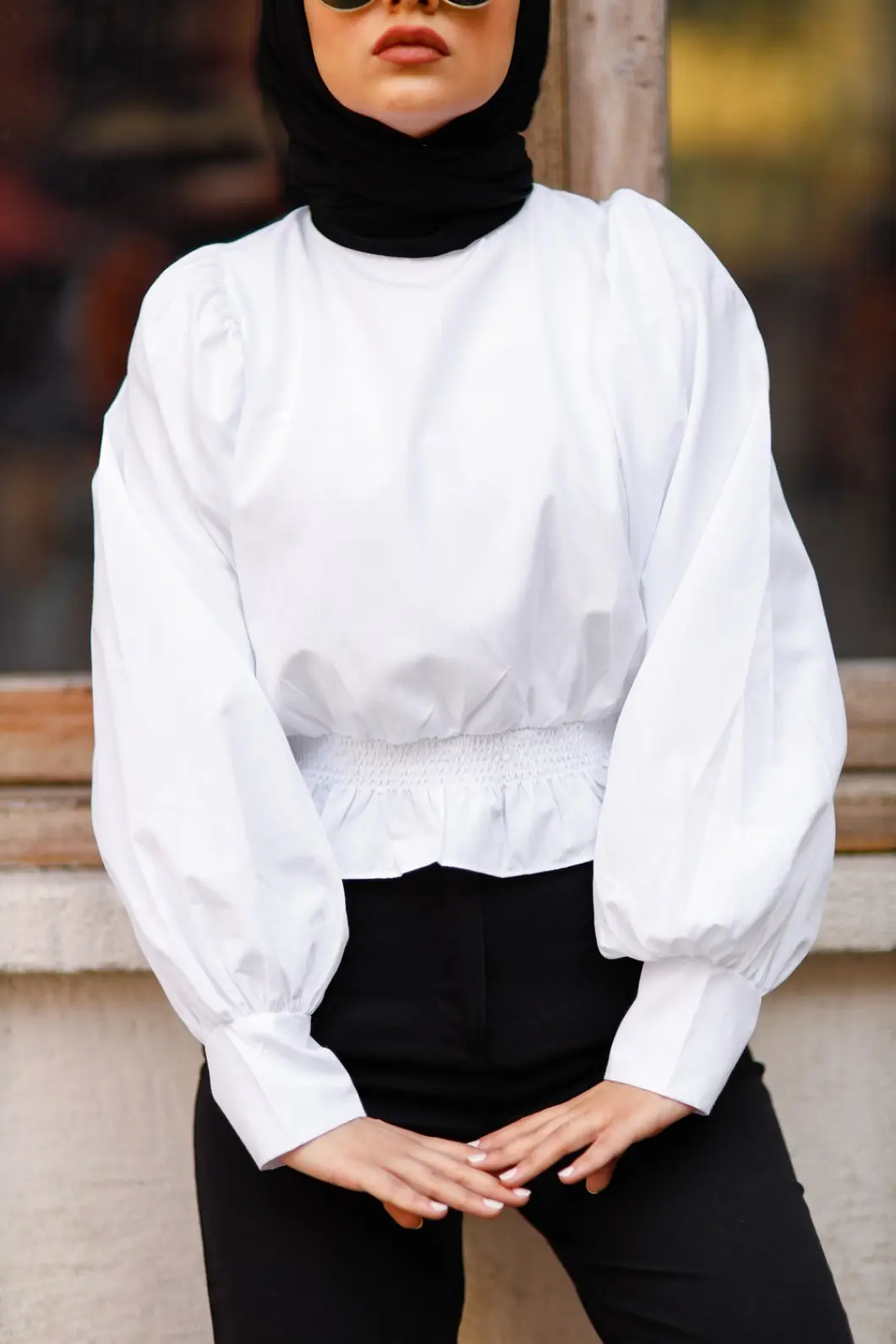 4534 Balon Kol Gömlek Beyaz-detail