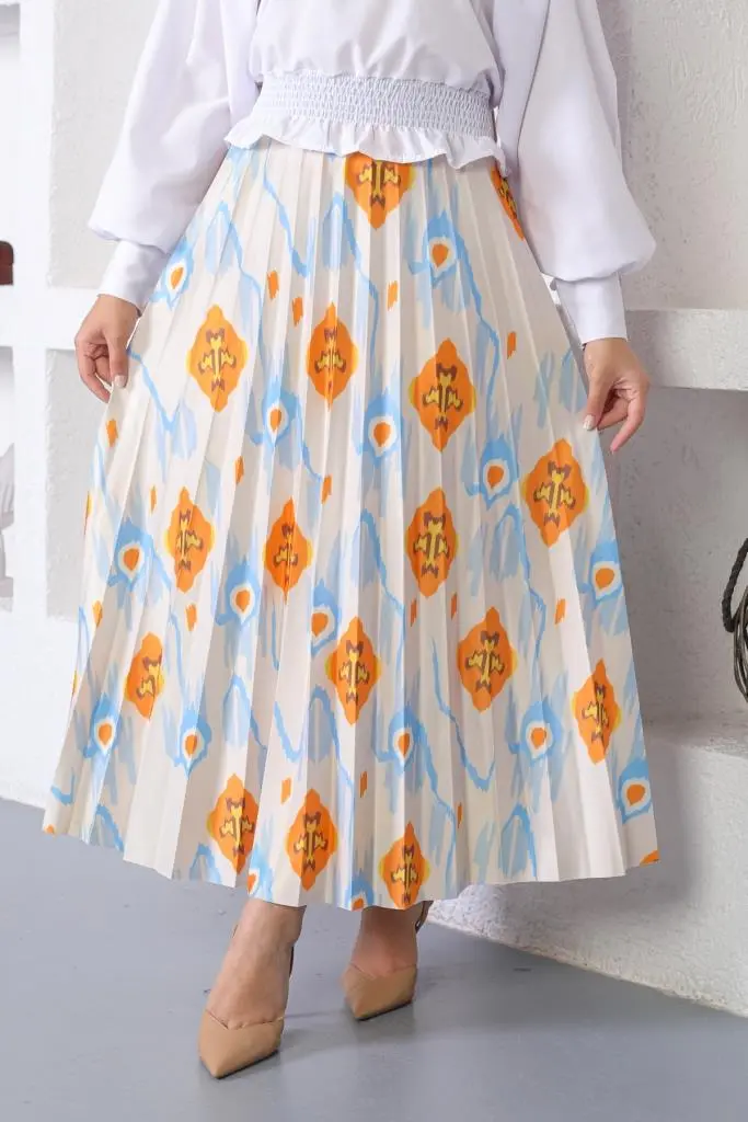 Blue Patterned Hijab Pleated Skirt-detail