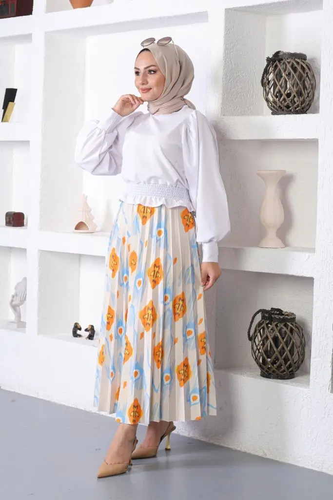 Blue Patterned Hijab Pleated Skirt-detail