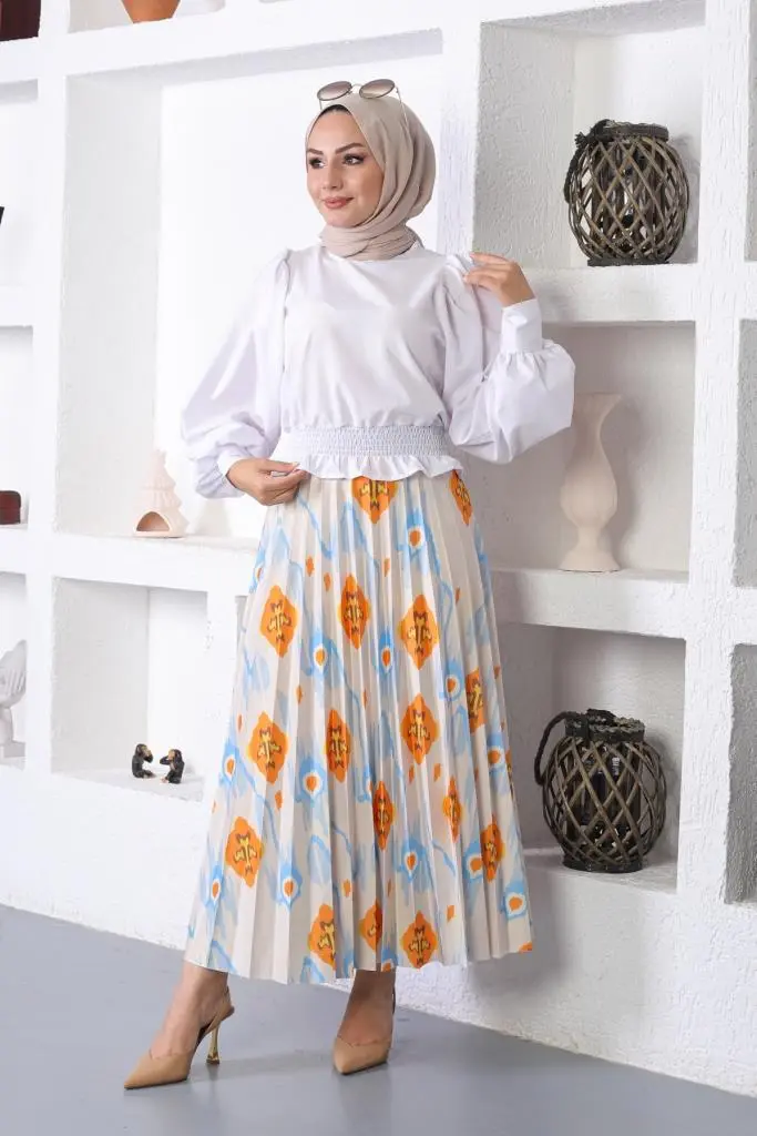 Blue Patterned Hijab Pleated Skirt-detail