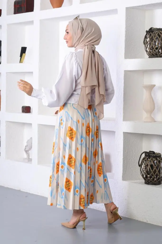 Blue Patterned Hijab Pleated Skirt-detail