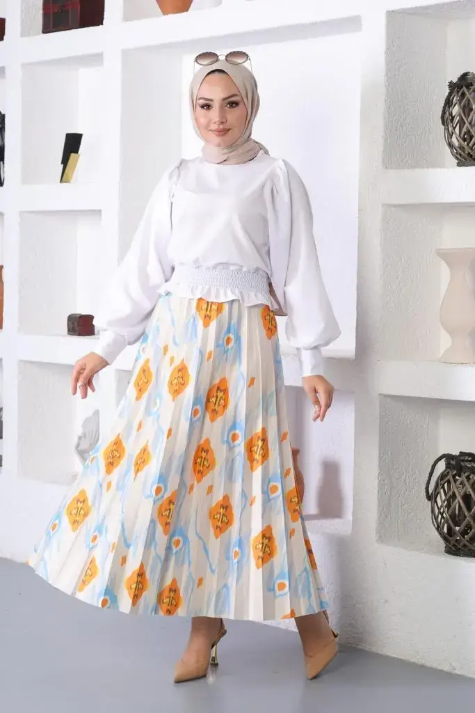 Blue Patterned Hijab Pleated Skirt