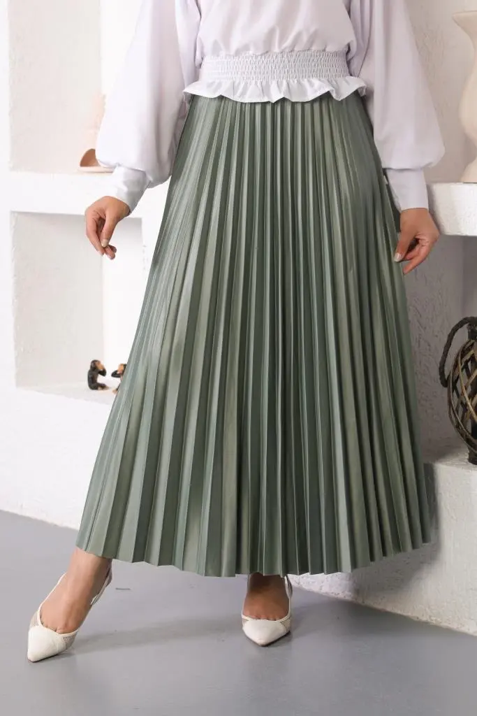 4538 Beli Lastikli Pileli Tesettür Etek Çağla-detail