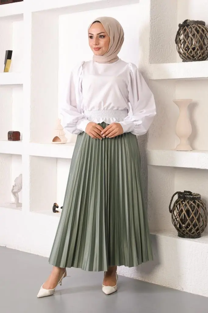 4538 Beli Lastikli Pileli Tesettür Etek Çağla-detail