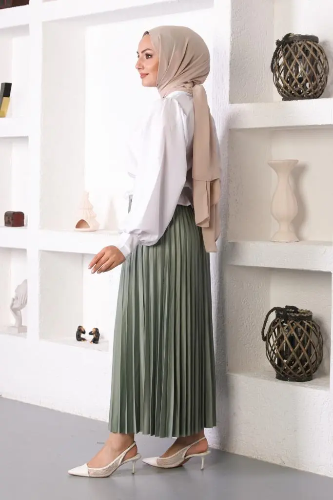 4538 Beli Lastikli Pileli Tesettür Etek Çağla-detail