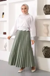 4538 Beli Lastikli Pileli Tesettür Etek Çağla