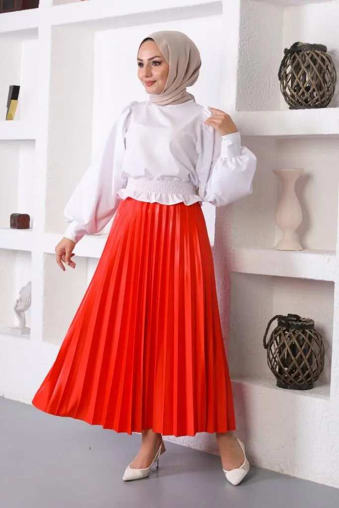 4538 Beli Lastikli Pileli Tesettür Etek Nar Çiçeği-detail