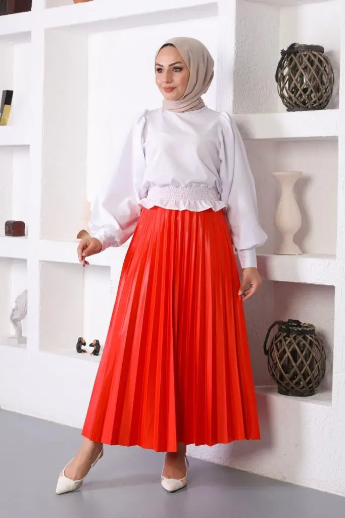 4538 Beli Lastikli Pileli Tesettür Etek Nar Çiçeği-detail