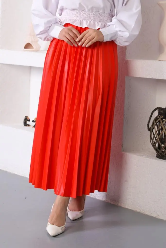 4538 Beli Lastikli Pileli Tesettür Etek Nar Çiçeği-detail