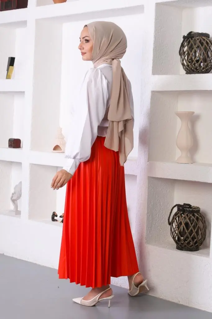 4538 Beli Lastikli Pileli Tesettür Etek Nar Çiçeği-detail