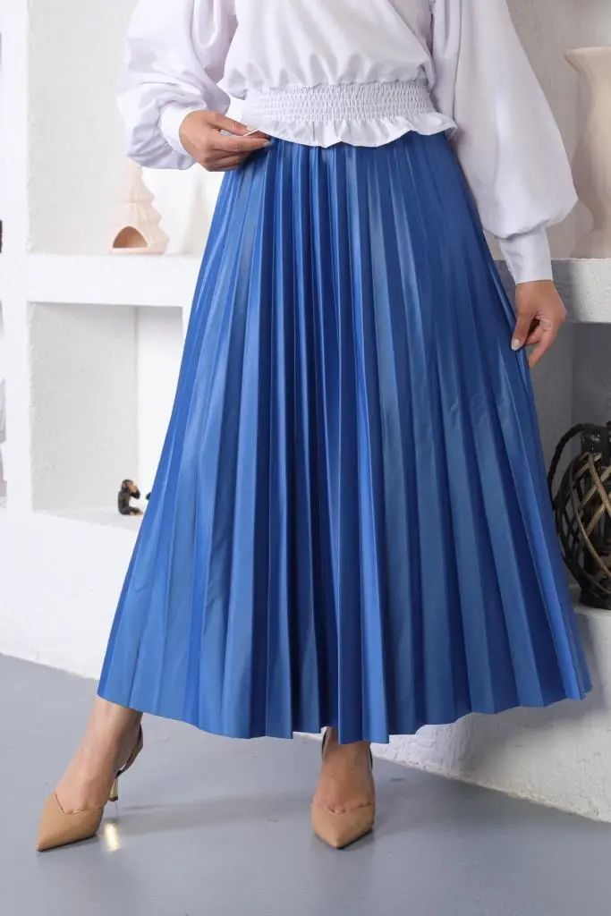 4538 Beli Lastikli Pileli Tesettür Etek Saks-detail