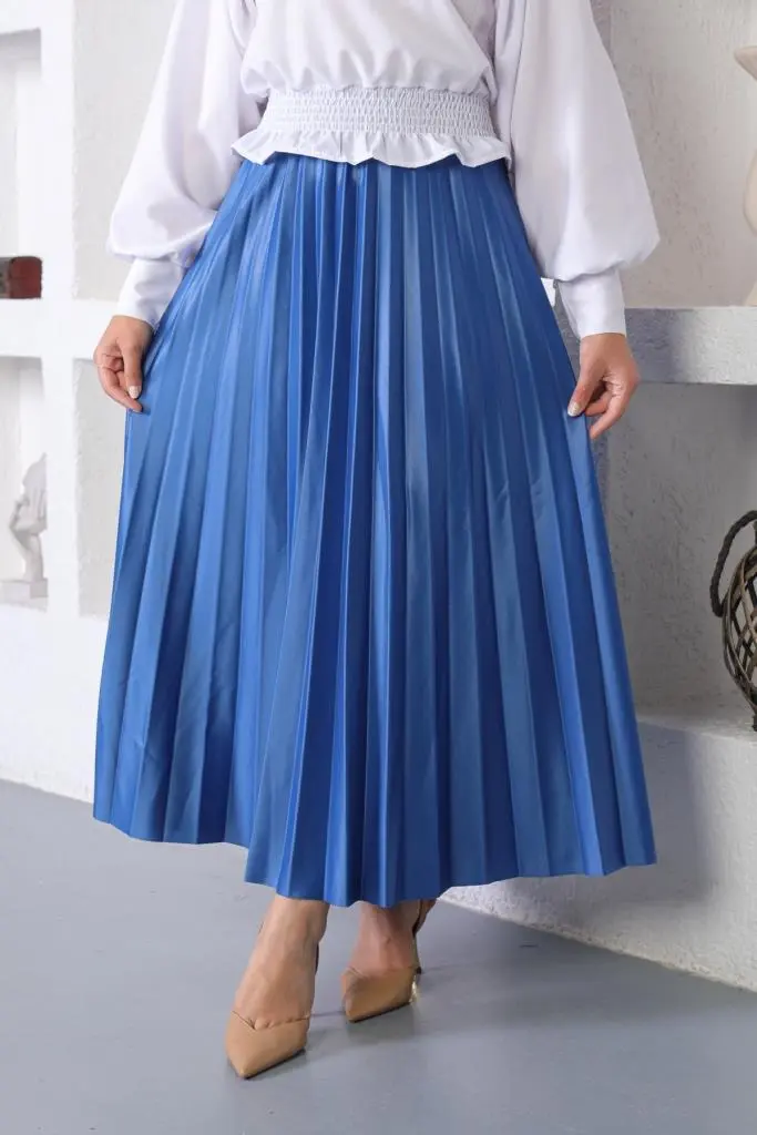 4538 Beli Lastikli Pileli Tesettür Etek Saks-detail