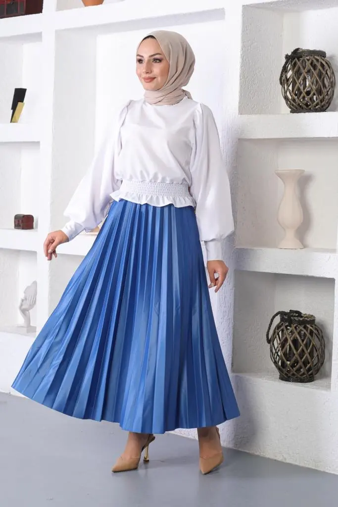 4538 Beli Lastikli Pileli Tesettür Etek Saks-detail