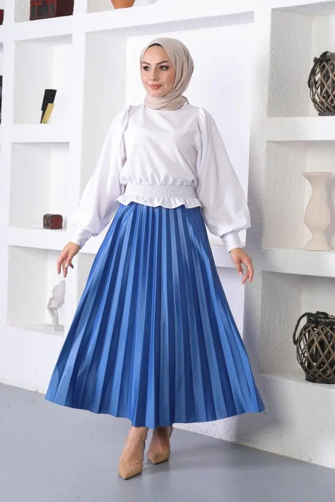 4538 Beli Lastikli Pileli Tesettür Etek Saks-detail