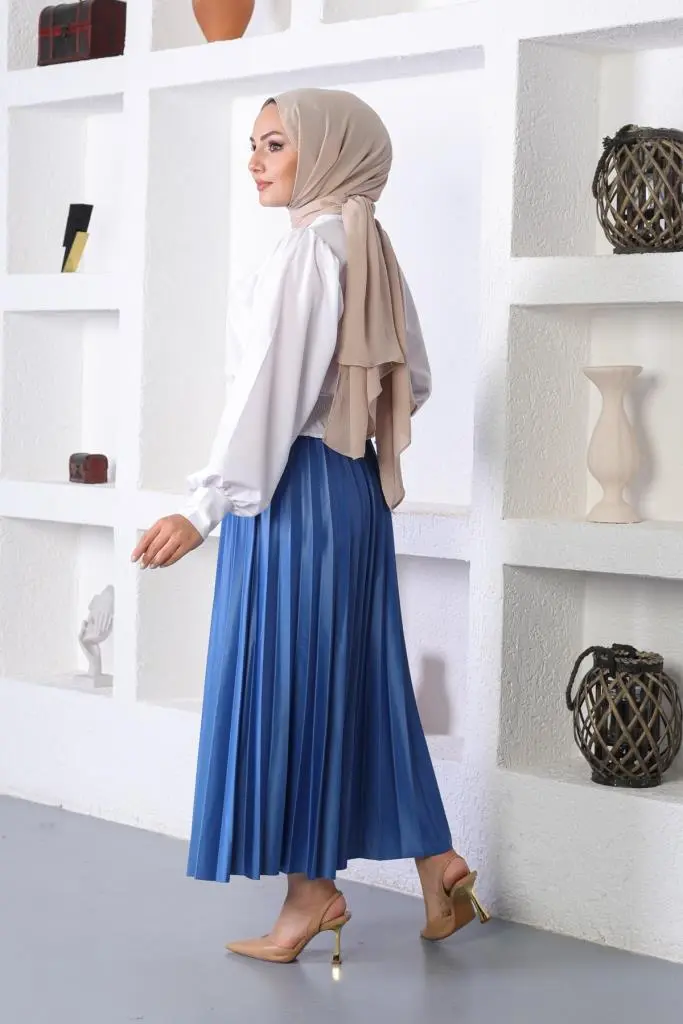 4538 Beli Lastikli Pileli Tesettür Etek Saks-detail