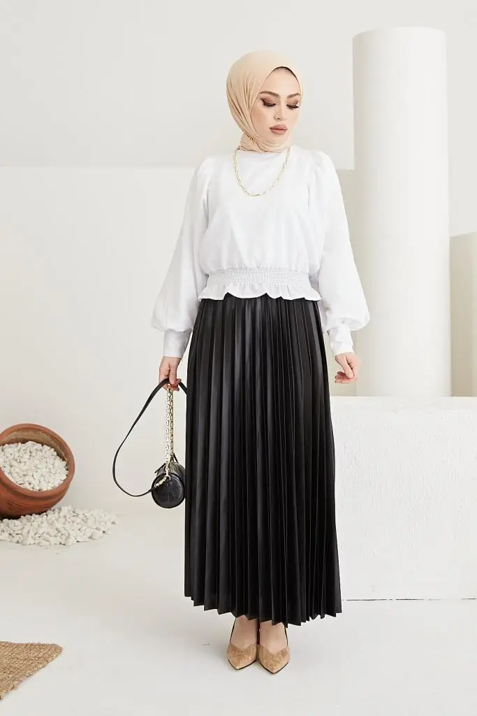 4538 Beli Lastikli Pileli Tesettür Etek Siyah-detail
