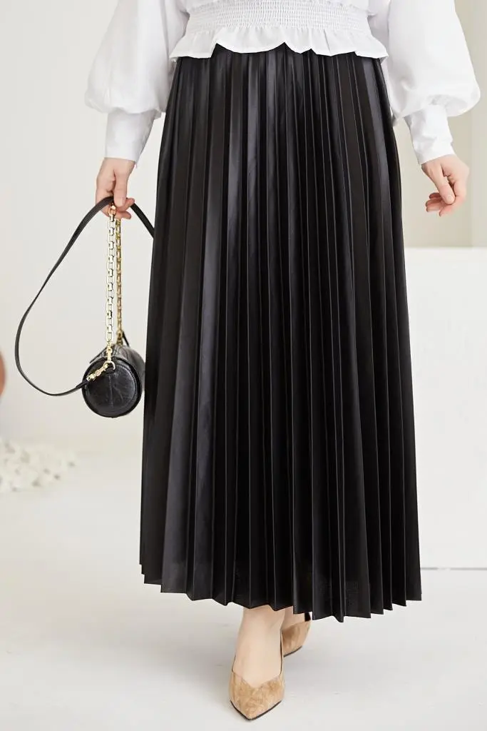 4538 Beli Lastikli Pileli Tesettür Etek Siyah-detail