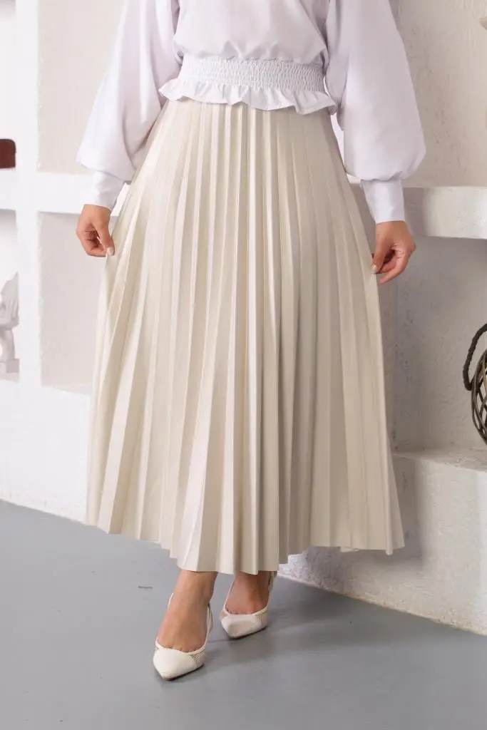 4538 Beli Lastikli Pileli Tesettür Etek Taş-detail