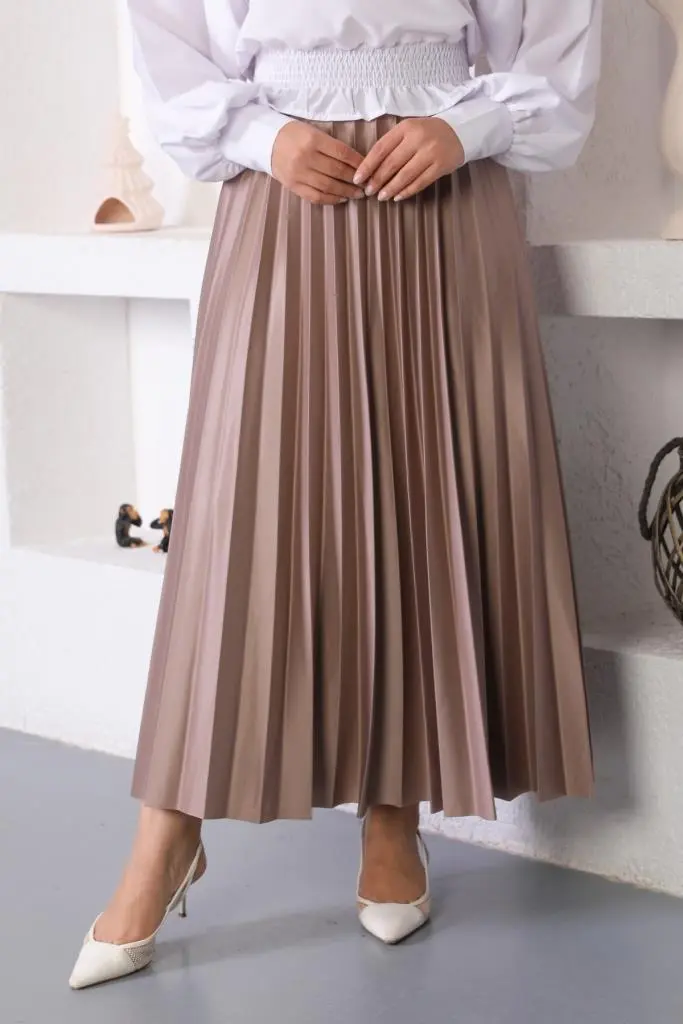 4538 Beli Lastikli Pileli Tesettür Etek Vizon-detail