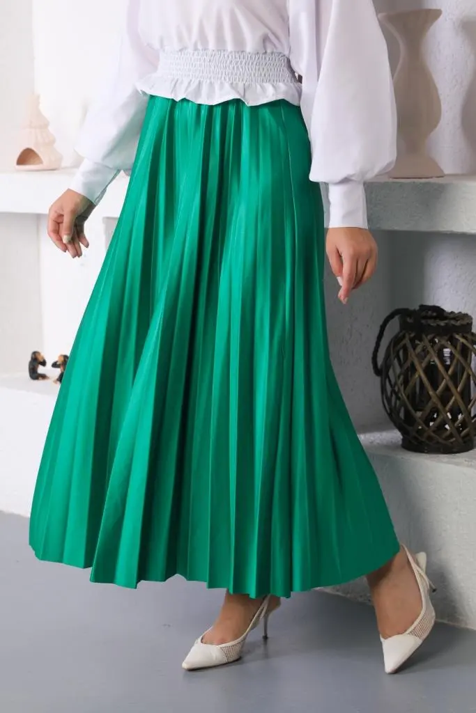 4538 Beli Lastikli Pileli Tesettür Etek Zümrüt-detail