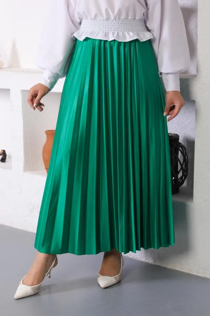 4538 Beli Lastikli Pileli Tesettür Etek Zümrüt-detail