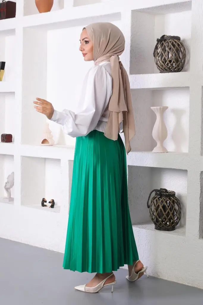 4538 Beli Lastikli Pileli Tesettür Etek Zümrüt-detail