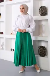 4538 Beli Lastikli Pileli Tesettür Etek Zümrüt