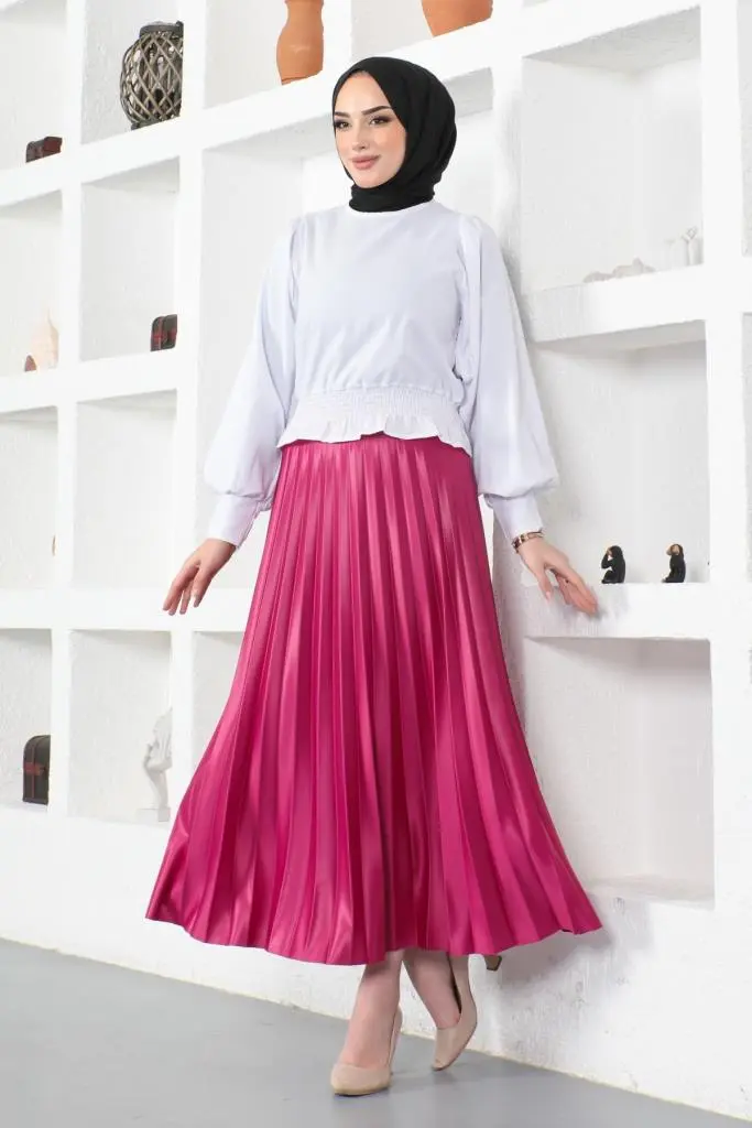 4538 Beli Lastikli Piliseli Etek Fuşya-detail