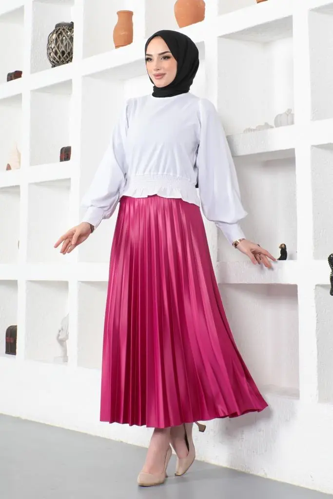 4538 Beli Lastikli Piliseli Etek Fuşya-detail