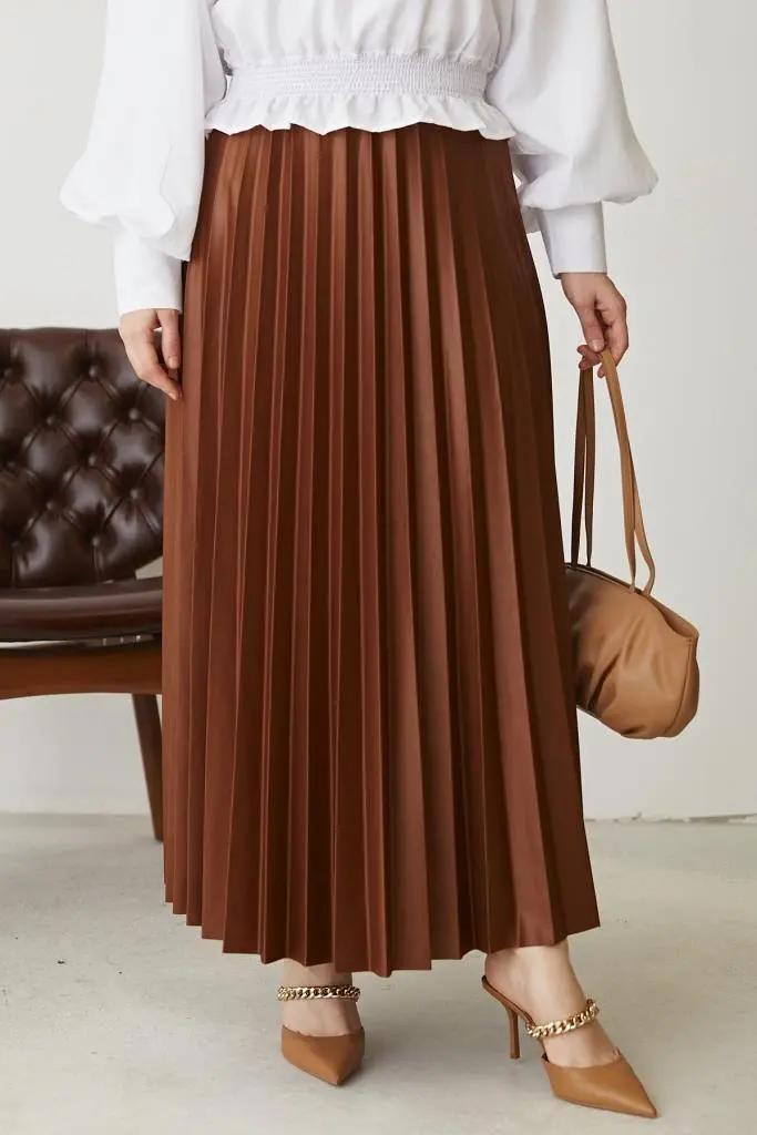 4538 Beli Lastikli Piliseli Etek Taba-detail