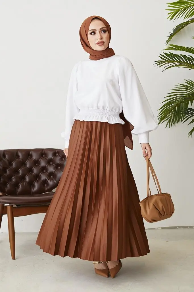 4538 Beli Lastikli Piliseli Etek Taba-detail