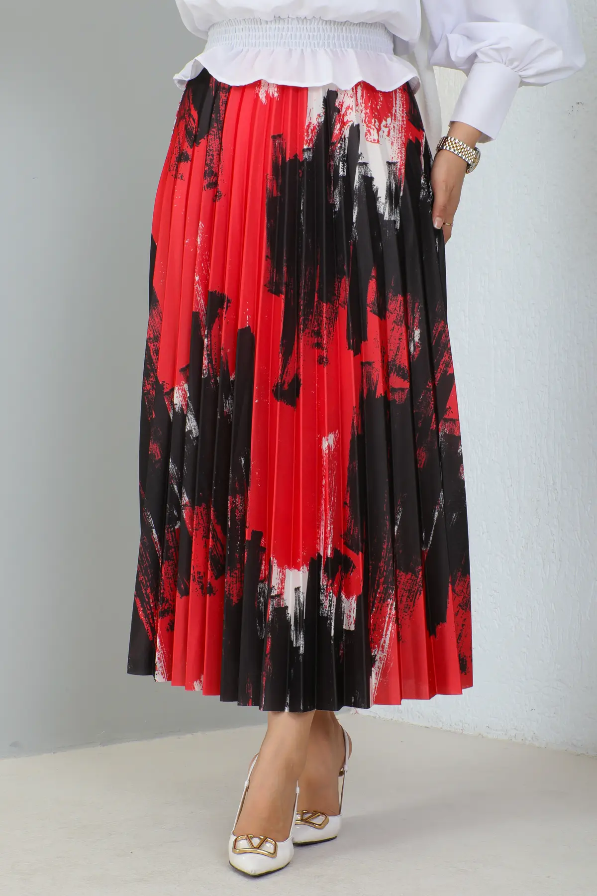 4553 Desenli Piliseli Tesettür Etek Kırmızı-detail