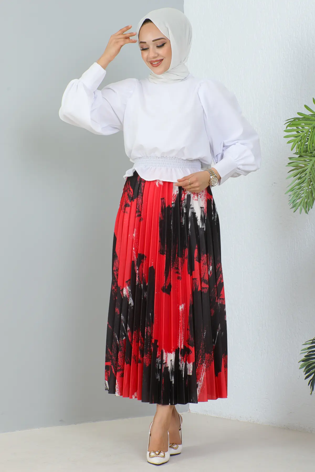 4553 Desenli Piliseli Tesettür Etek Kırmızı-detail