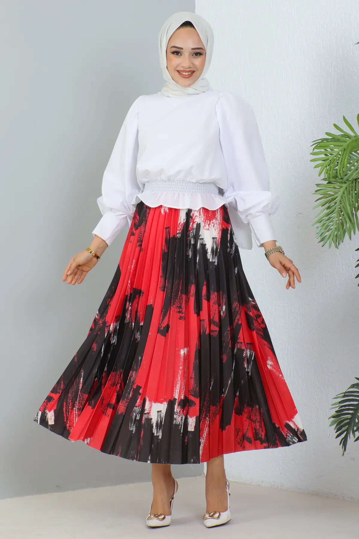 4553 Desenli Piliseli Tesettür Etek Kırmızı-detail