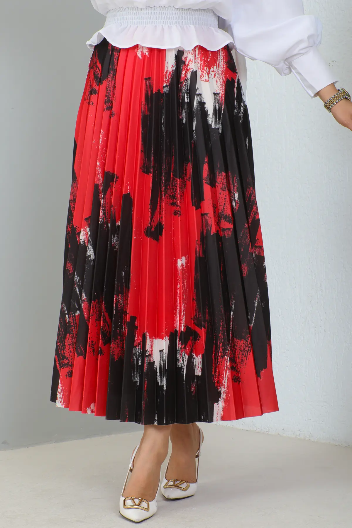 4553 Desenli Piliseli Tesettür Etek Kırmızı-detail