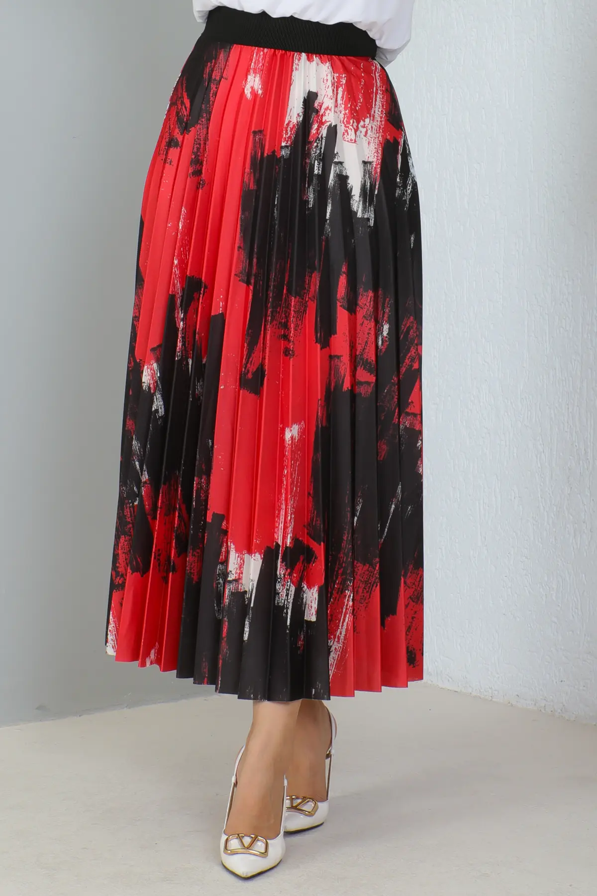 4553 Desenli Piliseli Tesettür Etek Kırmızı-detail