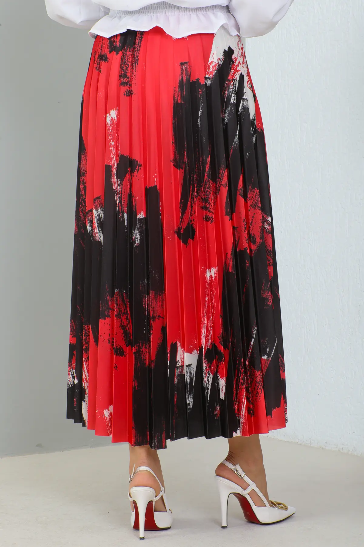 4553 Desenli Piliseli Tesettür Etek Kırmızı-detail