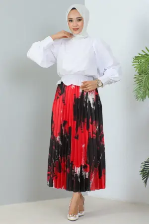 4553 Desenli Piliseli Tesettür Etek Kırmızı