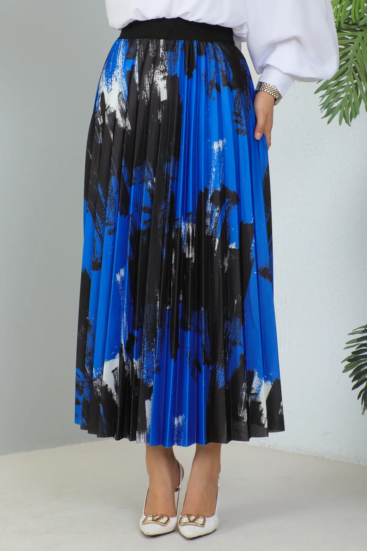 4553 Desenli Piliseli Tesettür Etek Mavi-detail