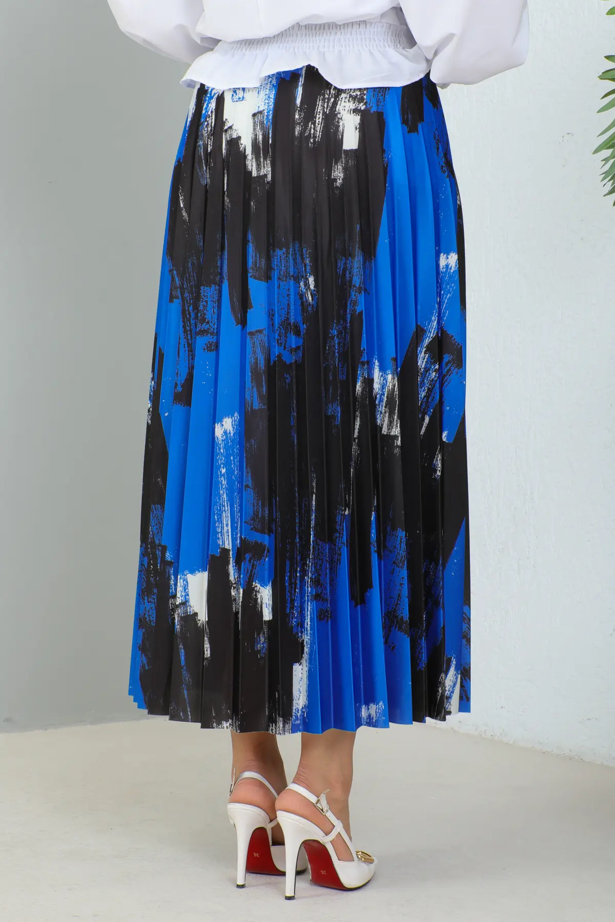 4553 Desenli Piliseli Tesettür Etek Mavi-detail