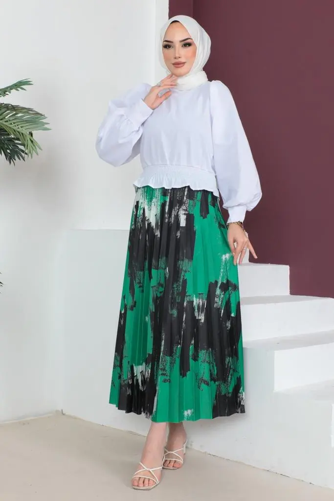 4553 Desenli Piliseli Tesettür Etek Yeşil-detail