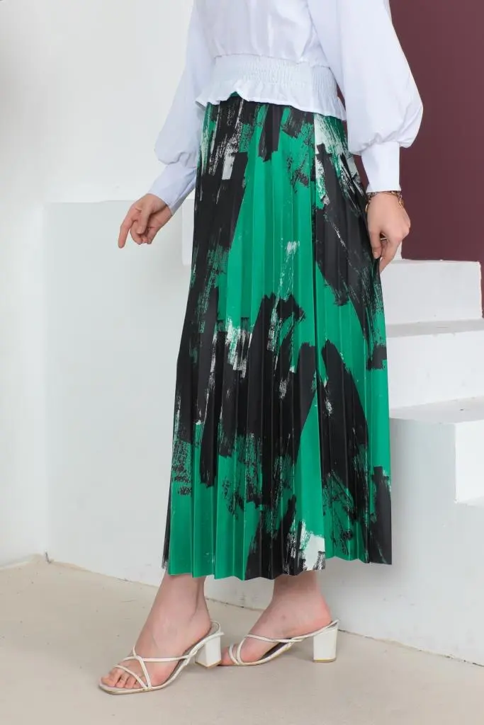 4553 Desenli Piliseli Tesettür Etek Yeşil-detail