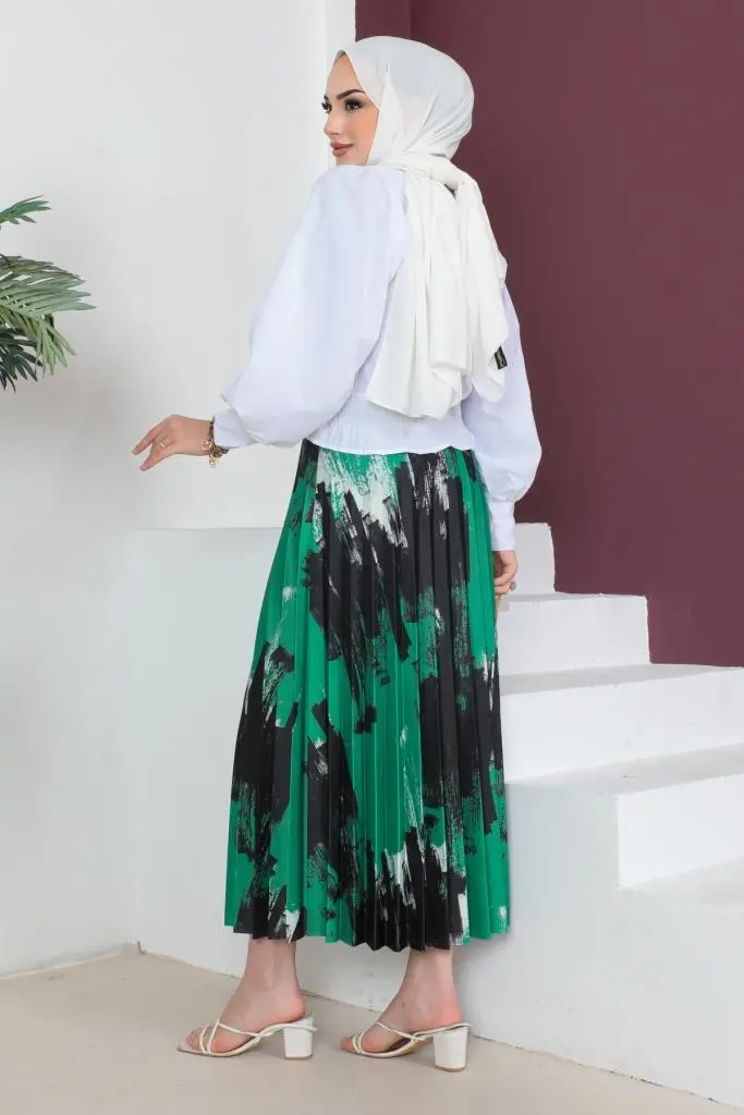 4553 Desenli Piliseli Tesettür Etek Yeşil-detail