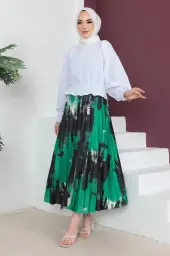 4553 Desenli Piliseli Tesettür Etek Yeşil