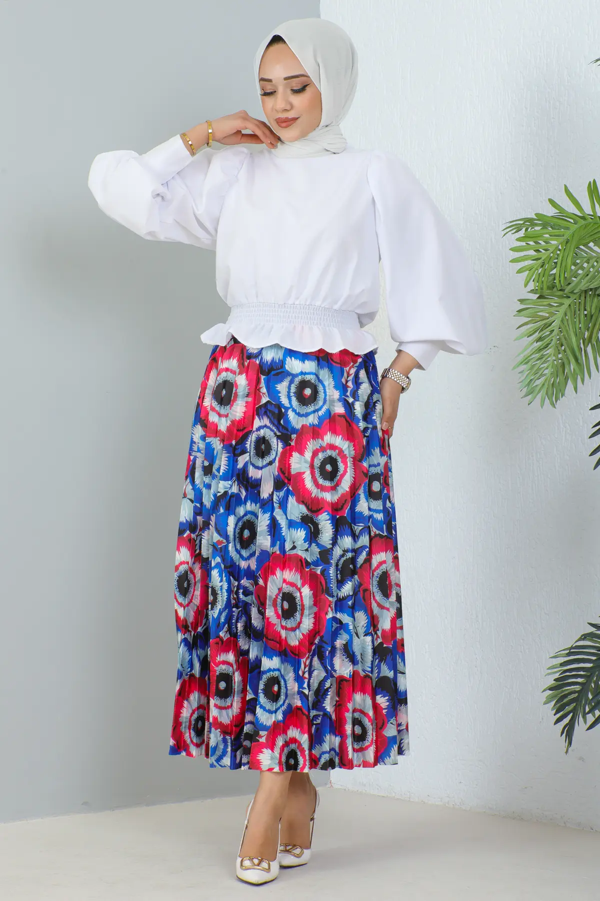 4558 Desenli Tesettür Etek Saks Mavisi-detail