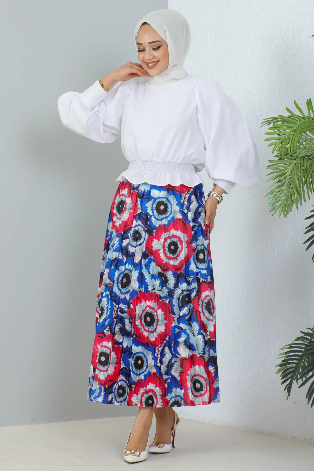 4558 Desenli Tesettür Etek Saks Mavisi-detail