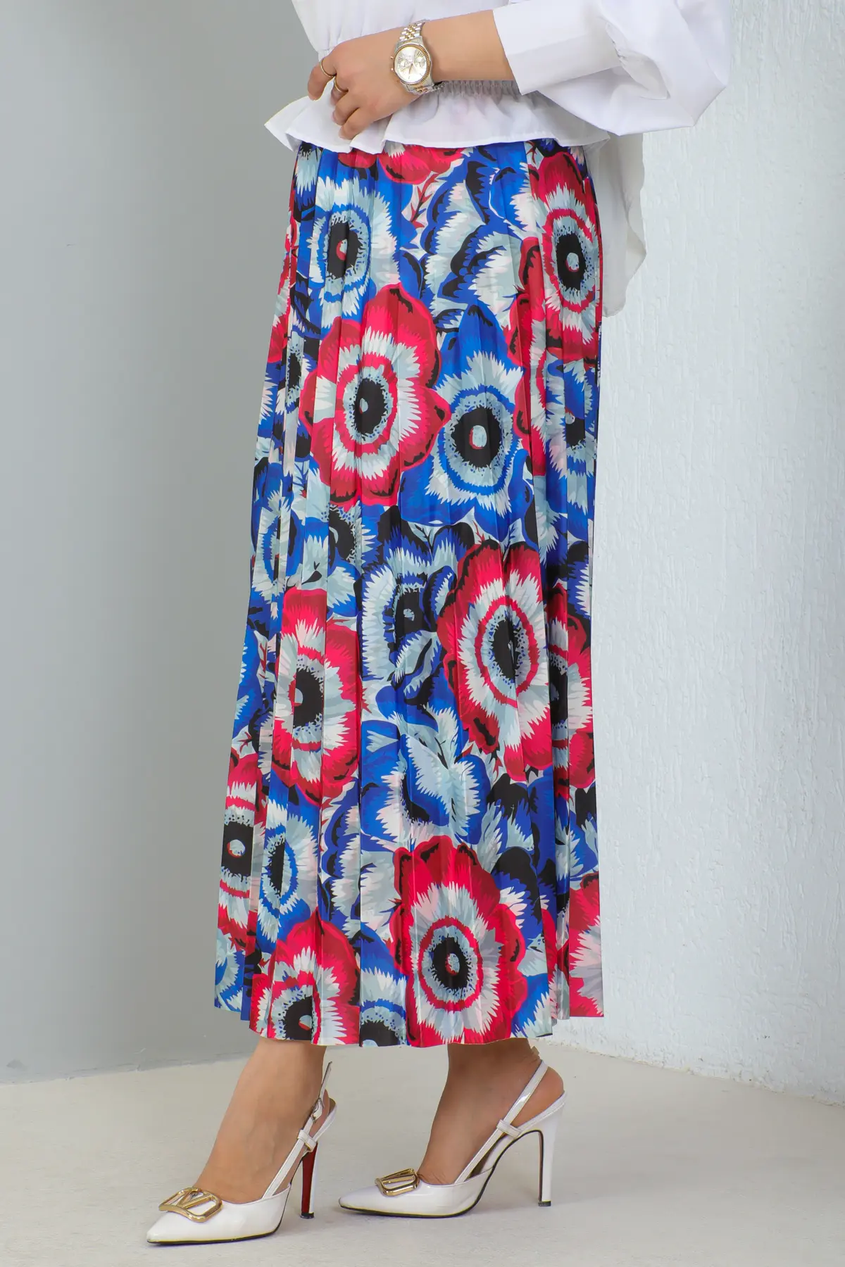 4558 Desenli Tesettür Etek Saks Mavisi-detail